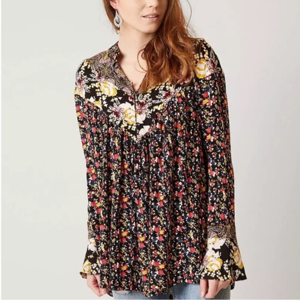 Free People Wildflower Fields Henley Top Floral Tunic Long Sleeve Boho